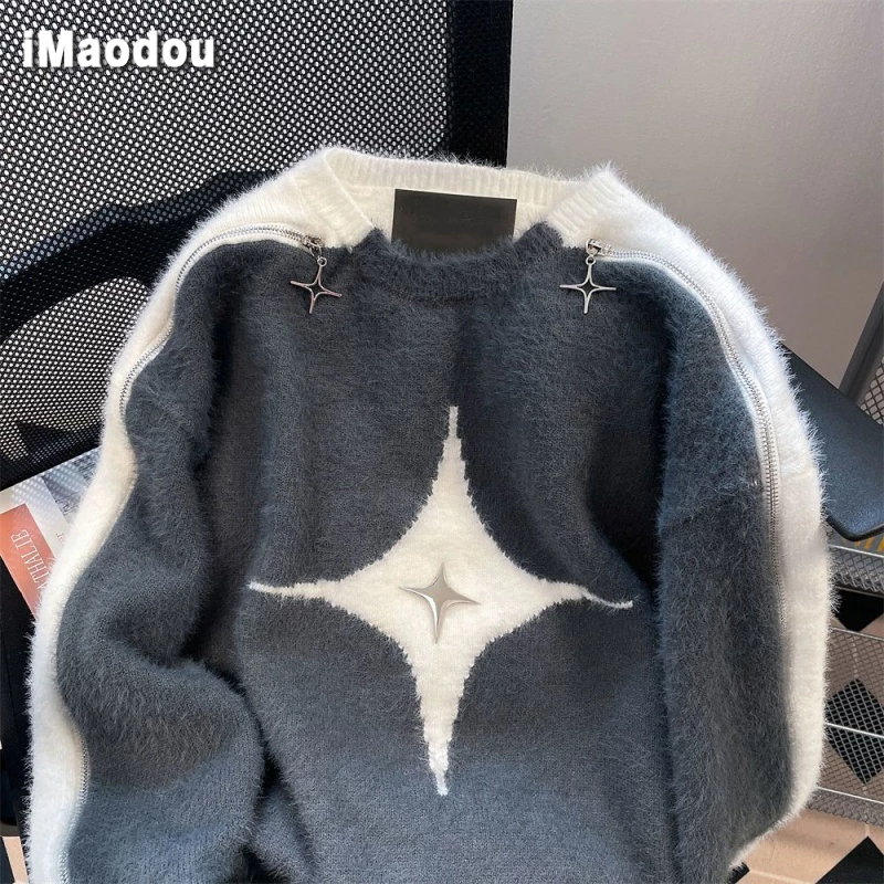 IMaodou Áo Khoác Dệt Kim Hở Vai Phối Khóa Kéo Họa Tiết Ngôi Sao Màu Sắc Tương Phản Kiểu retro Mỹ Thời Trang Thu Đông Cho Nam Và Nữ