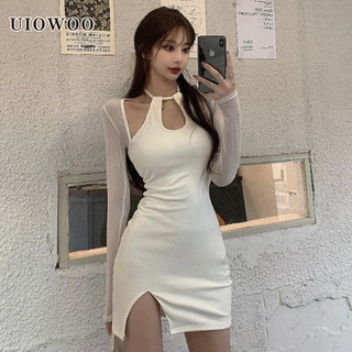 Uiowoo Đầm Dài Tay Cổ Yếm Khoét Rỗng Trơn Phong Cách Bán Chạy Nhất Mùa Thu Cho Nữ