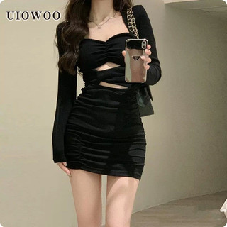 Uiowoo Đầm Tay Dài Cổ Vuông Eo Khoét Rỗng Phong Cách Hoàng Gia Cho Nữ