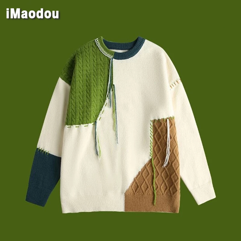 iMaodou Áo sweater Dáng Rộng Phối Tua Rua Màu Sắc Tương Phản Phong Cách Đường Phố Cho Nam