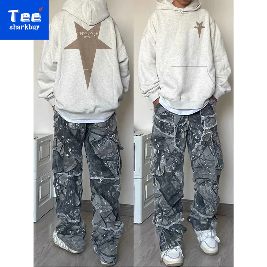 Áo hoodie TEESHARKBUY 100% cotton dài tay phong cách Âu Mỹ thời trang cho nam plus size M-5XL