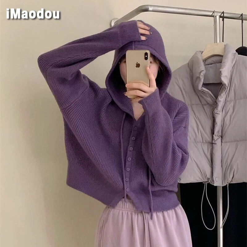 IMAODOU Áo Khoác cardigan Dệt Kim Có Mũ Trùm Dáng Rộng Thời Trang Cho Nữ