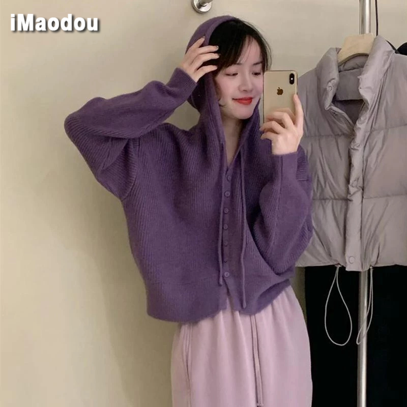 IMAODOU Áo Khoác cardigan Dệt Kim Có Mũ Trùm Dáng Rộng Thời Trang Cho Nữ