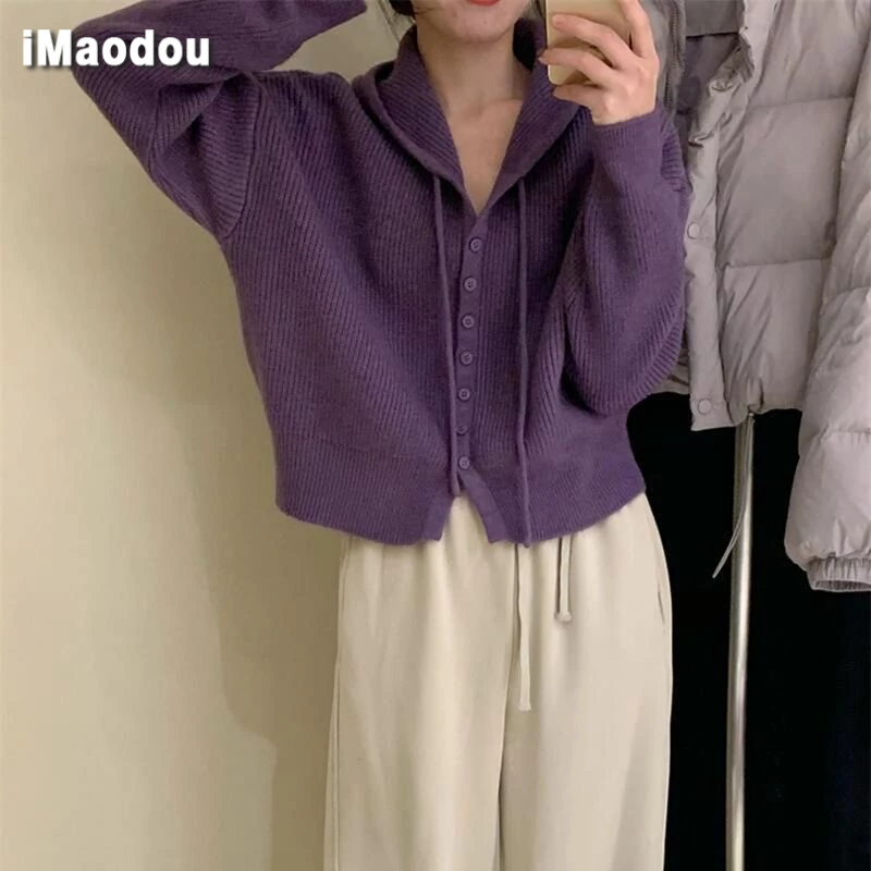 IMAODOU Áo Khoác cardigan Dệt Kim Có Mũ Trùm Dáng Rộng Thời Trang Cho Nữ