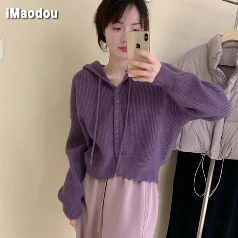 IMAODOU Áo Khoác cardigan Dệt Kim Có Mũ Trùm Dáng Rộng Thời Trang Cho Nữ