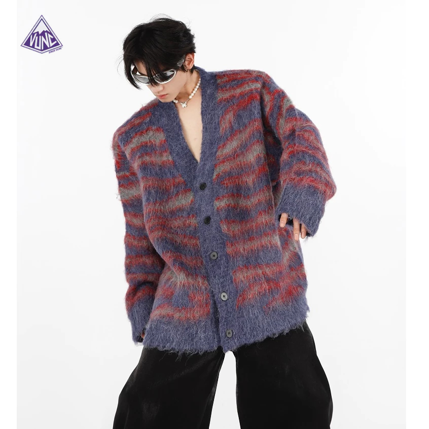 Vunc Áo Khoác cardigan Dệt Kim Dáng Rộng Màu Tương Phản Xu Hướng Đường Phố Mỹ Cho Nam Dễ Phối Đồ