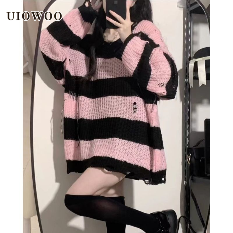 Uiowoo Áo sweater Rách Kẻ Sọc Phong Cách Thu Đông Cổ Điển Mới 2022 Cho Nữ