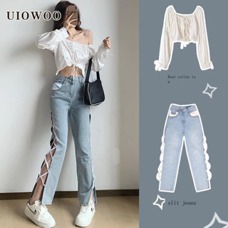 Uiowoo Quần Jean Ống Đứng Cạp Cao Xẻ Tà Phong Cách Mùa Thu 2023 Mới Cho Nữ