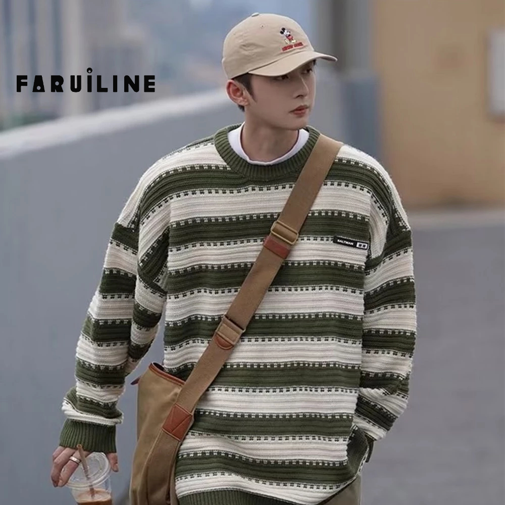 Áo sweater Dệt Kim Kẻ Sọc Dáng Rộng Kiểu retro Thời Trang Thu Đông Cho Nam