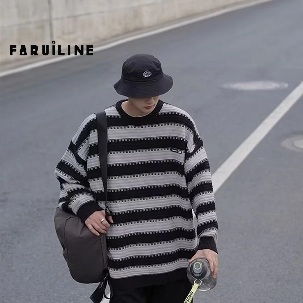 Áo sweater Dệt Kim Kẻ Sọc Dáng Rộng Kiểu retro Thời Trang Thu Đông Cho Nam