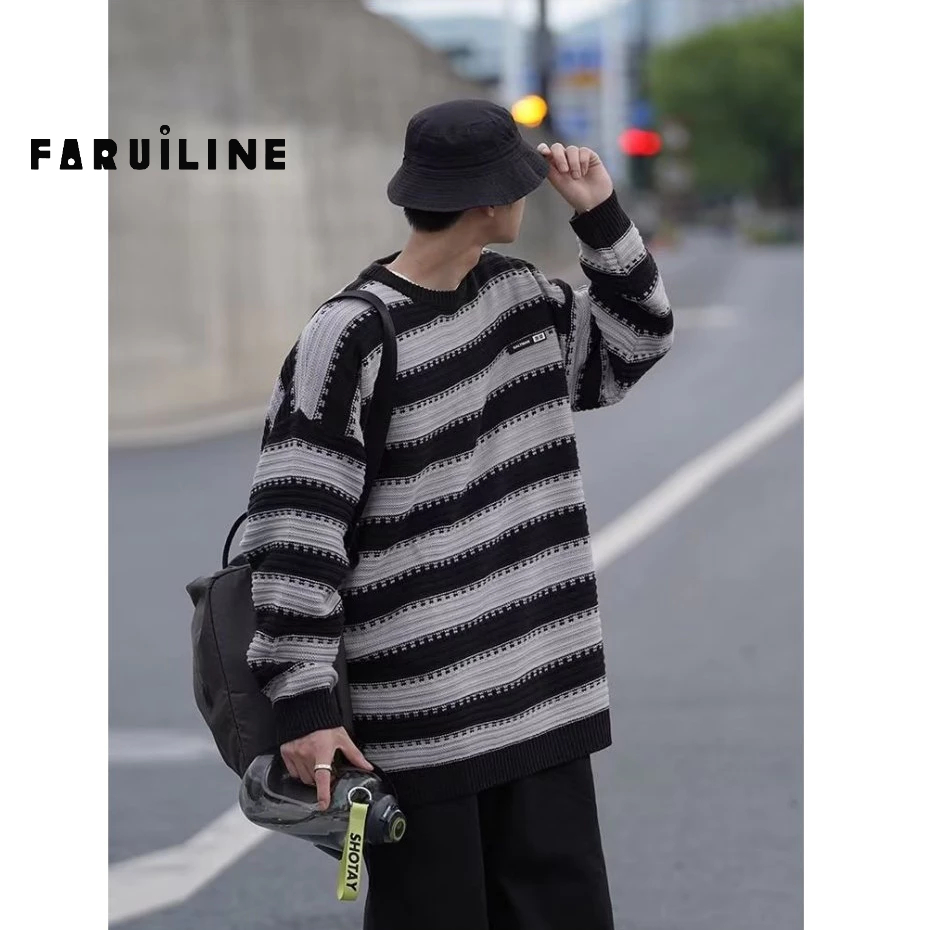 Áo sweater Dệt Kim Kẻ Sọc Dáng Rộng Kiểu retro Thời Trang Thu Đông Cho Nam