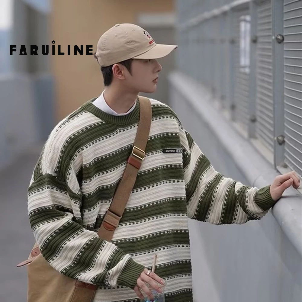 Áo sweater Dệt Kim Kẻ Sọc Dáng Rộng Kiểu retro Thời Trang Thu Đông Cho Nam