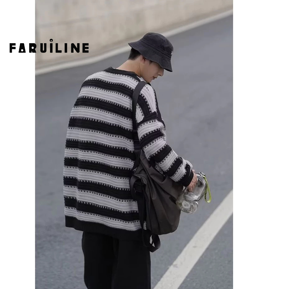 Áo sweater Dệt Kim Kẻ Sọc Dáng Rộng Kiểu retro Thời Trang Thu Đông Cho Nam