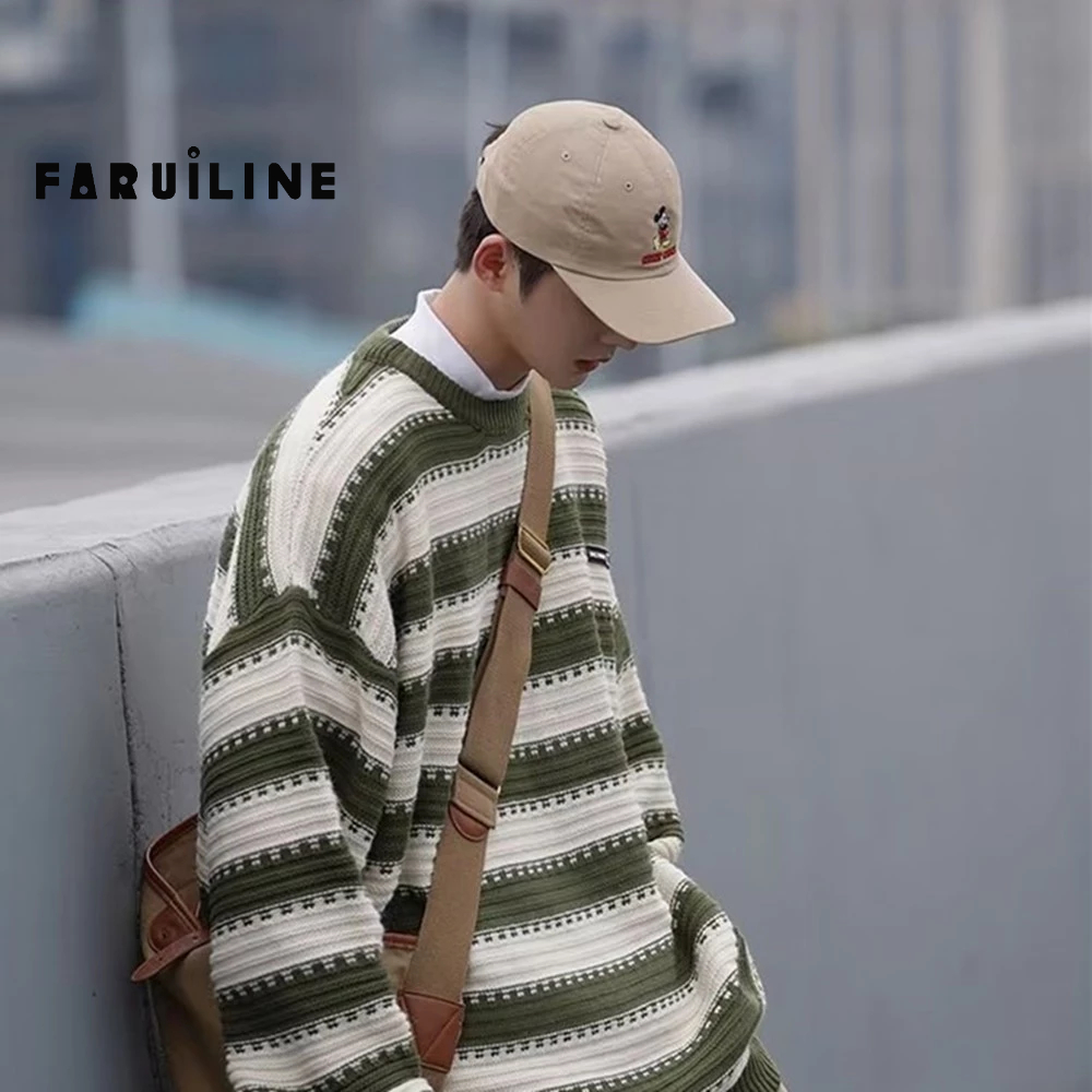 Áo sweater Dệt Kim Kẻ Sọc Dáng Rộng Kiểu retro Thời Trang Thu Đông Cho Nam