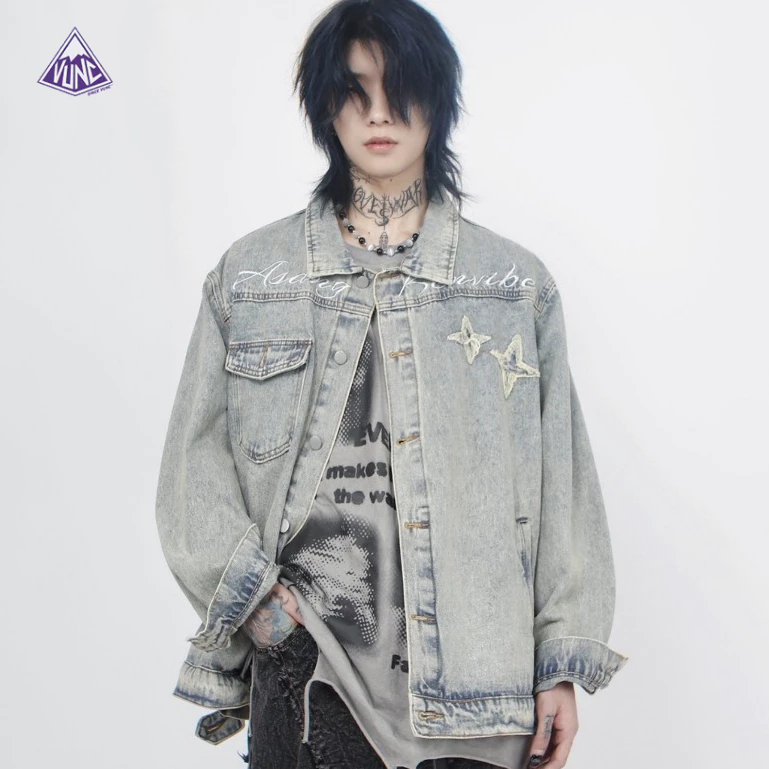 Vunc Áo Khoác denim Dáng Rộng Thêu Chữ Phong Cách retro Mỹ Cho Nam