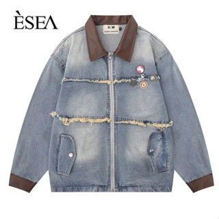 Esea Áo Khoác denim Tay Dài Dáng Rộng Ghép Nối Viền Thô Phong Cách retro Mỹ Thời Trang Thường Ngày Cho Nam Và Nữ