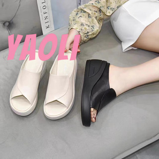 YAOLI Xăng đan Cao Gót Đế Mềm Dày Dặn Tăng Chiều Cao Hở Mũi Chất Liệu Da Bò