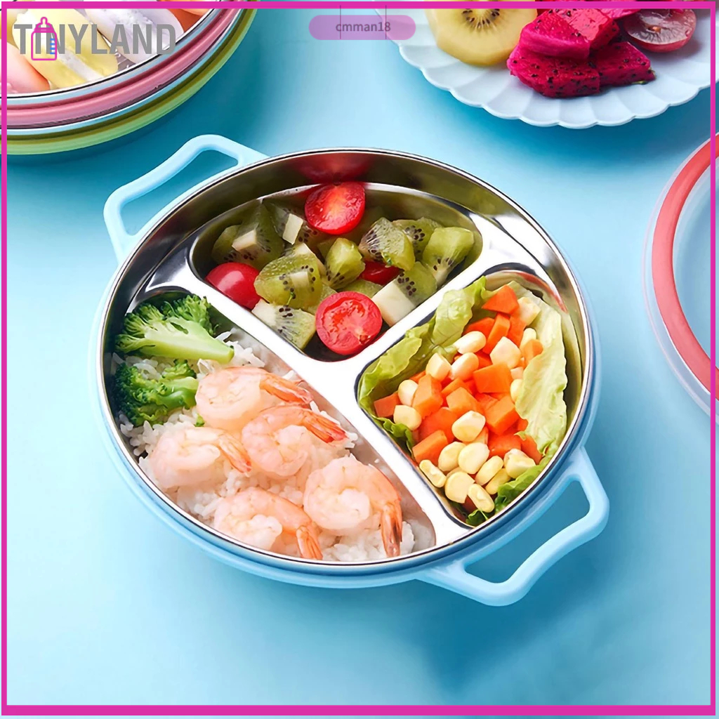 TinyLand Đĩa ăn cho trẻ em Ngăn đựng tay cầm chống bỏng bằng thép không gỉ Thiết kế chia ngăn mẫu giáo cmman
