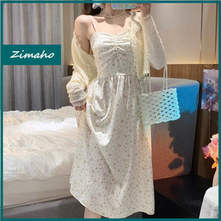 Zimaho Set Váy Đầm Hai Dây Họa nhí 2 dây + Áo Khoác cardigan Dệt Kim Tay Dài Thời Trang Mới