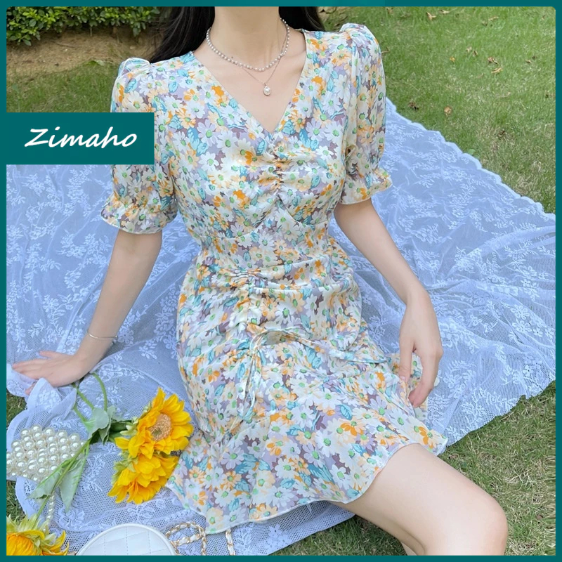 Zimaho váy Đầm Hoa nhí Cổ Chữ V Phối Dây Rút Phong Cách Pháp Thời Trang Mùa Hè Mới Cho Nữ
