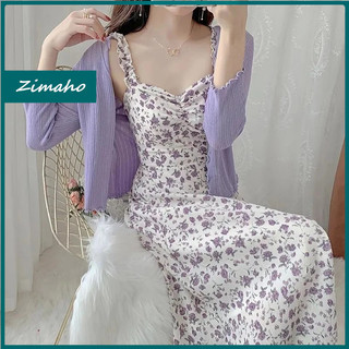 Zimaho Set Váy Đầm Hai Dây Họa + Áo Khoác cardigan Dệt Kim Tay Dài Thời Trang Mới