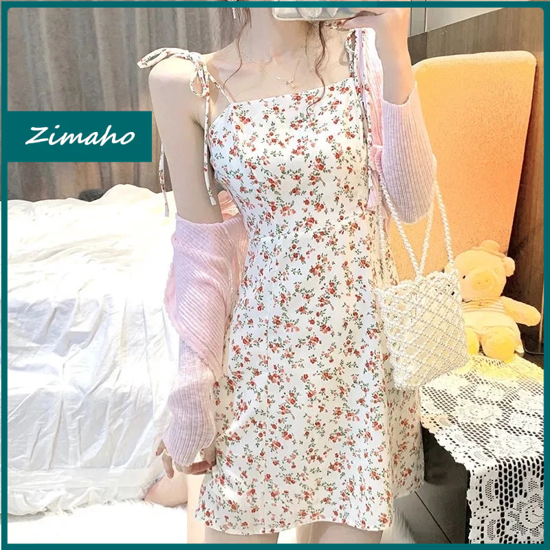 Zimaho Set Váy Đầm Hai Dây Họa + Áo Khoác cardigan Dệt Kim Tay Dài Thời Trang Mới
