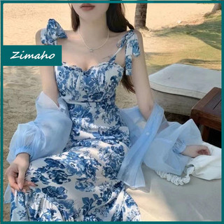 Váy Hai Dây Đầm Họa Tiết Hoa Màu Xanh Dương Phong Cách Hàn Quốc Kiểu Mới