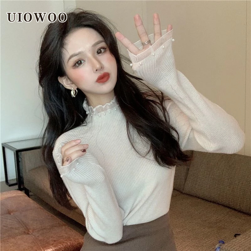 Uiowoo Áo sweater Cổ Lọ Tay Dài Dáng Ôm Phối Ren Đính Ngọc Trai Thời Trang Xuân Thu 2023
