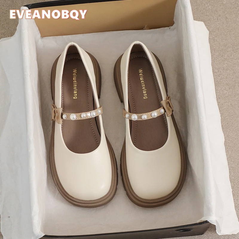 Giày Búp Bê Mũi Tròn Đế Dày Mềm Mại Đính Nơ Ngọc Trai Phong Cách Pháp Thời Trang Cho Nữ