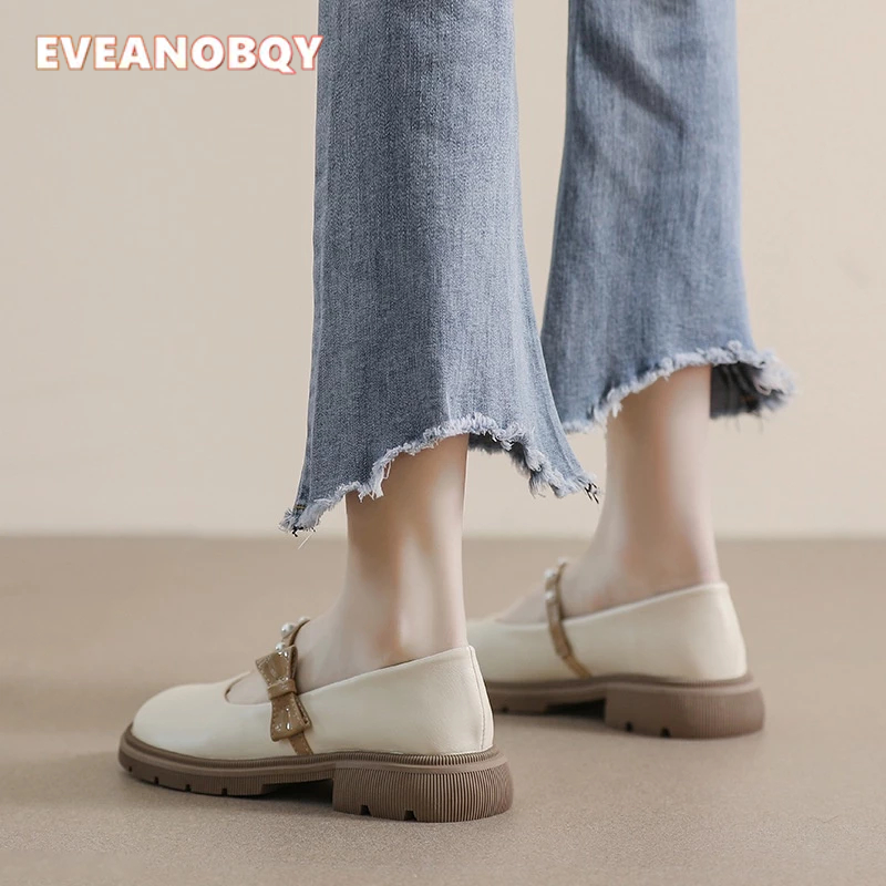 Giày Búp Bê Mũi Tròn Đế Dày Mềm Mại Đính Nơ Ngọc Trai Phong Cách Pháp Thời Trang Cho Nữ