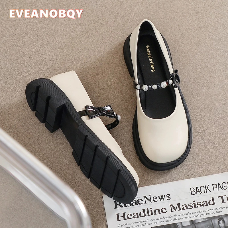 Giày Búp Bê Mũi Tròn Đế Dày Mềm Mại Đính Nơ Ngọc Trai Phong Cách Pháp Thời Trang Cho Nữ