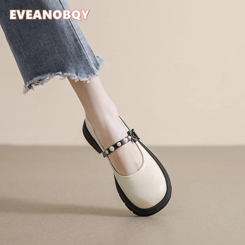 Giày Búp Bê Mũi Tròn Đế Dày Mềm Mại Đính Nơ Ngọc Trai Phong Cách Pháp Thời Trang Cho Nữ