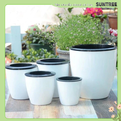 Chậu hoa hình tròn bằng nhựa PP tự hút nước có giỏ trồng dây cotton SUNTREE