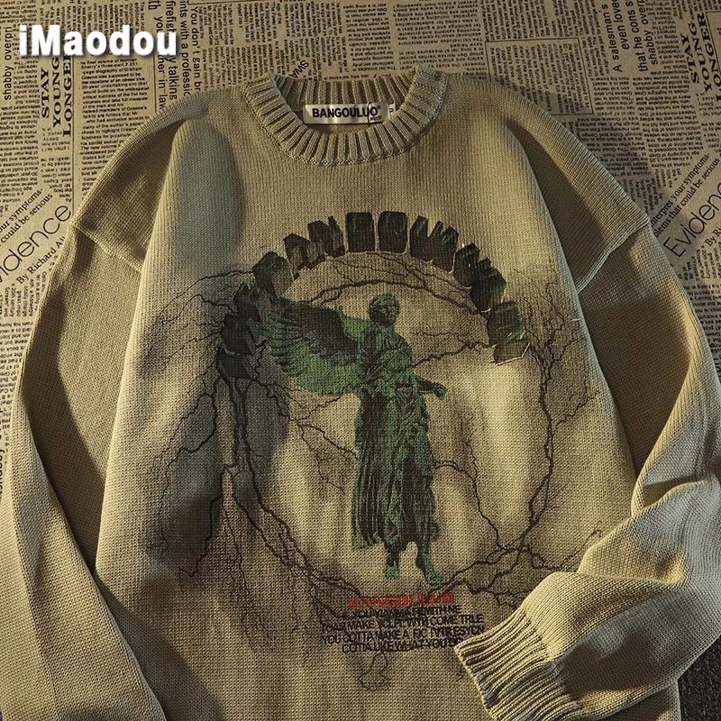 IMaodou Áo Khoác sweater Dệt Kim Dáng Rộng In Hình Thiên Thần Màu Tối Phong Cách Mỹ Thời Trang Cho Cặp Đôi