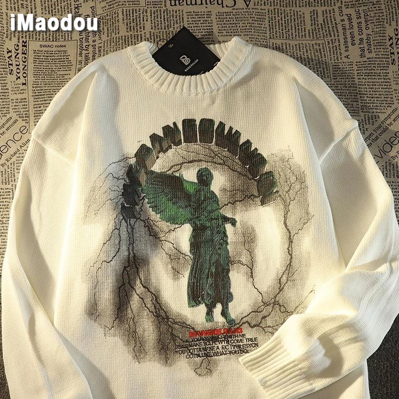 IMaodou Áo Khoác sweater Dệt Kim Dáng Rộng In Hình Thiên Thần Màu Tối Phong Cách Mỹ Thời Trang Cho Cặp Đôi