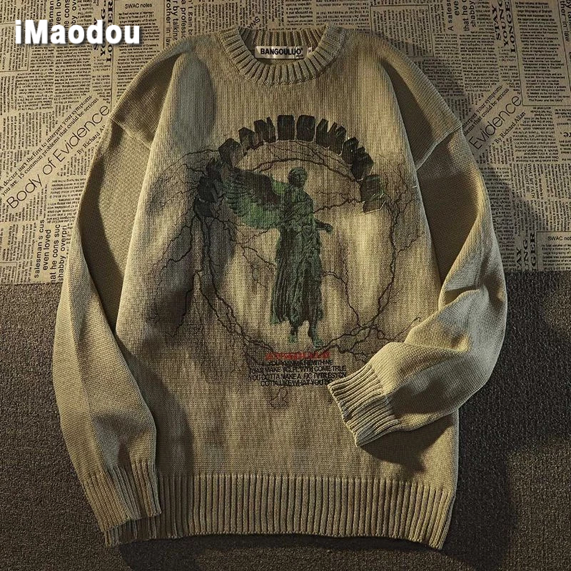 IMaodou Áo Khoác sweater Dệt Kim Dáng Rộng In Hình Thiên Thần Màu Tối Phong Cách Mỹ Thời Trang Cho Cặp Đôi