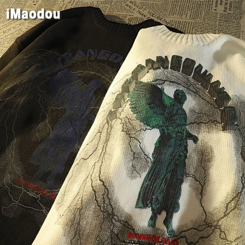 IMaodou Áo Khoác sweater Dệt Kim Dáng Rộng In Hình Thiên Thần Màu Tối Phong Cách Mỹ Thời Trang Cho Cặp Đôi