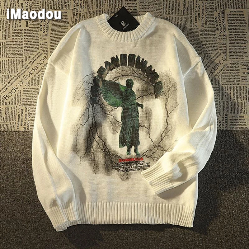IMaodou Áo Khoác sweater Dệt Kim Dáng Rộng In Hình Thiên Thần Màu Tối Phong Cách Mỹ Thời Trang Cho Cặp Đôi