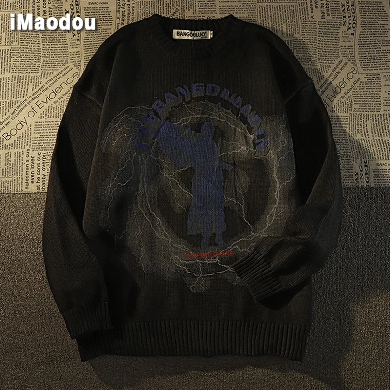 IMaodou Áo Khoác sweater Dệt Kim Dáng Rộng In Hình Thiên Thần Màu Tối Phong Cách Mỹ Thời Trang Cho Cặp Đôi