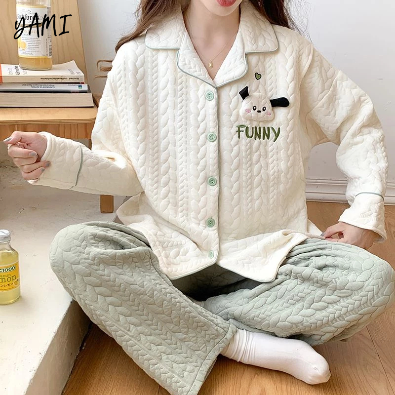 YAMI bộ đồ ngủ dài tay mùa đông bông dày pijama hoạt hình dễ thương đồ mặc nhà nữ