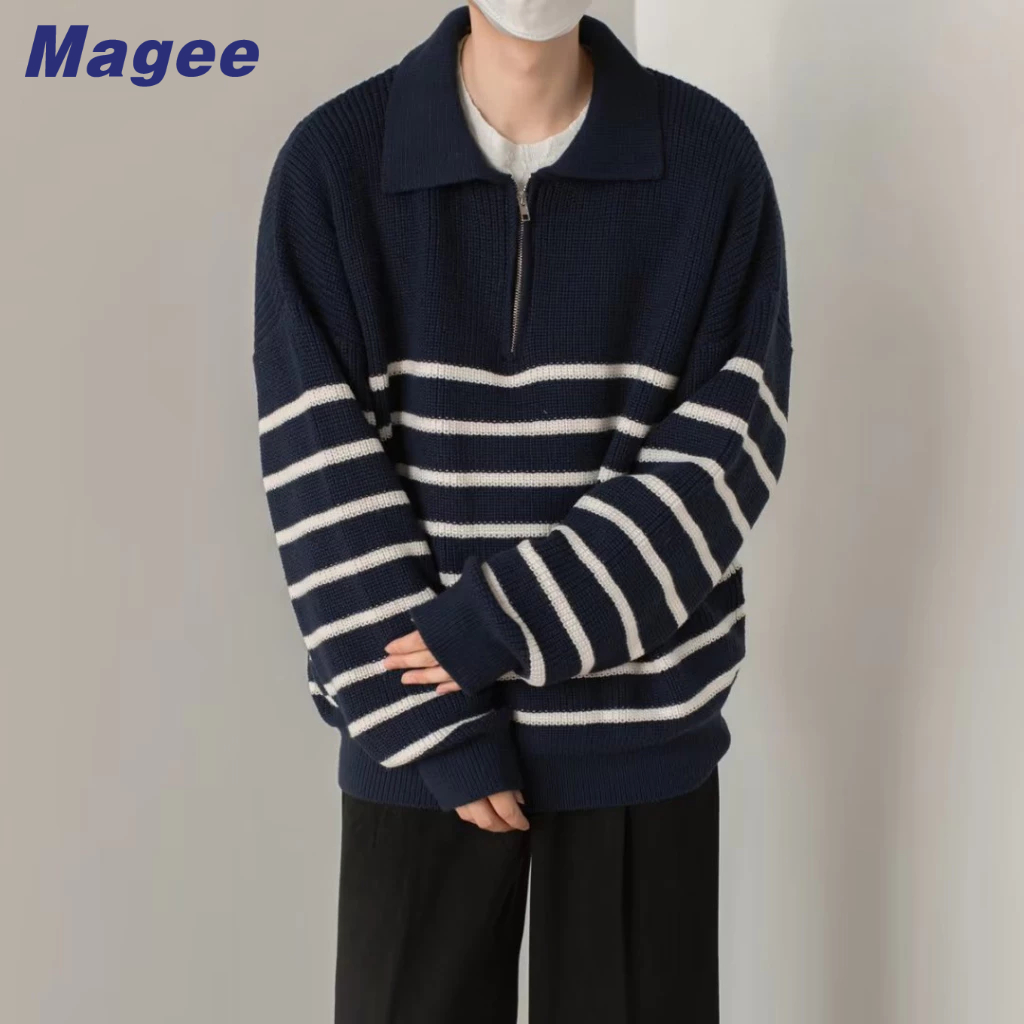 Áo sweater Dệt Kim Tay Dài Dáng Rộng Họa Tiết Kẻ Sọc Nửa Khóa Kéo Thời Trang Cao Cấp Phong Cách Hàn Quốc Cho Nam Và Nữ