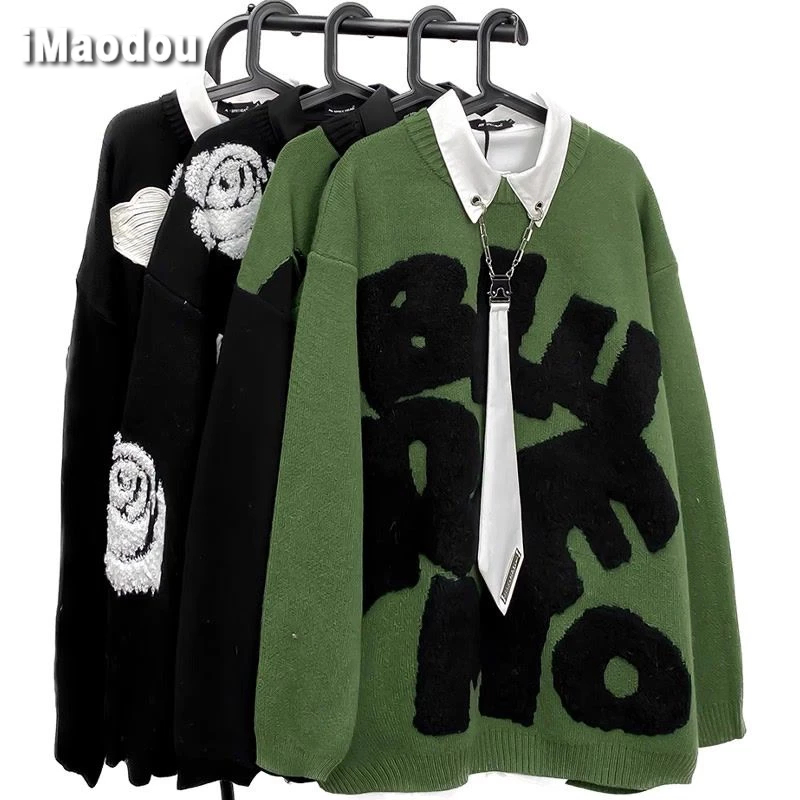 IMaodou Áo sweater Dệt Kim Dáng Rộng Thêu Chữ Phong Cách hip hop Đường Phố Mỹ Cá Tính Cho Nam