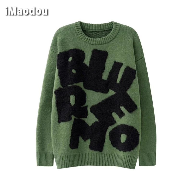 IMaodou Áo sweater Dệt Kim Dáng Rộng Thêu Chữ Phong Cách hip hop Đường Phố Mỹ Cá Tính Cho Nam