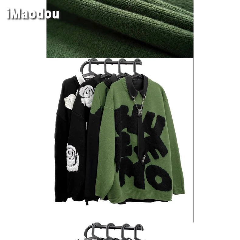 IMaodou Áo sweater Dệt Kim Dáng Rộng Thêu Chữ Phong Cách hip hop Đường Phố Mỹ Cá Tính Cho Nam