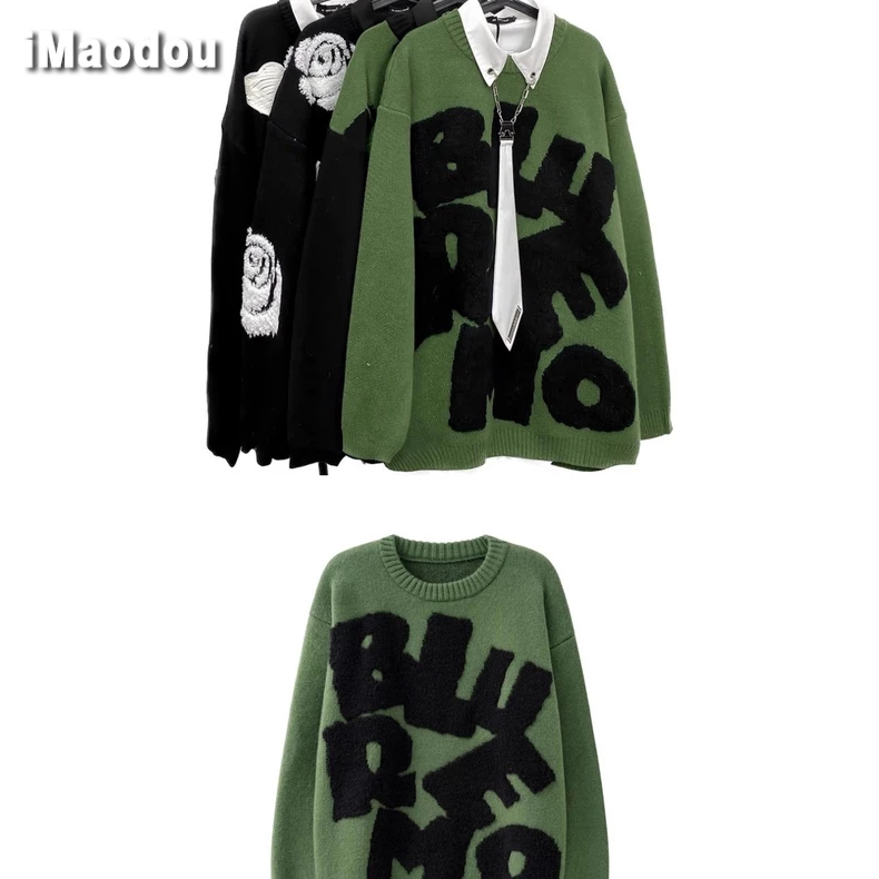IMaodou Áo sweater Dệt Kim Dáng Rộng Thêu Chữ Phong Cách hip hop Đường Phố Mỹ Cá Tính Cho Nam