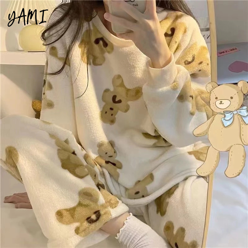YAMI bộ đồ ngủ dài tay gấu mùa đông vải lông cừu san hô pijama hoạt hình dễ thương đồ mặc nhà nữ
