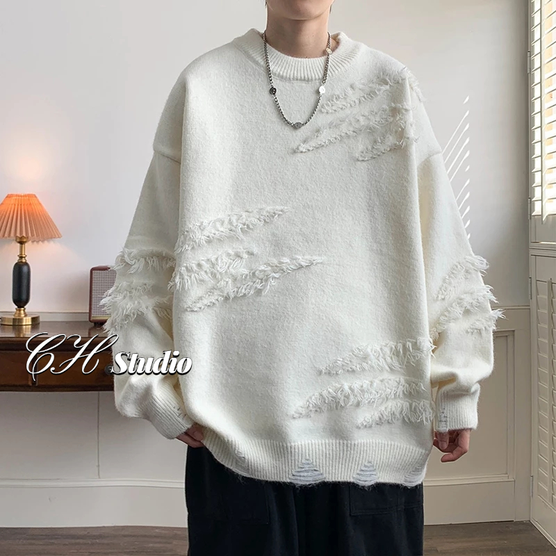 Jhzc Áo sweater Dệt Kim Dáng Rộng Màu Trơn Thiết Kế Rách Phong Cách Đường Phố Hàn Quốc Thời Trang Thu Đông Cho Nam Giới