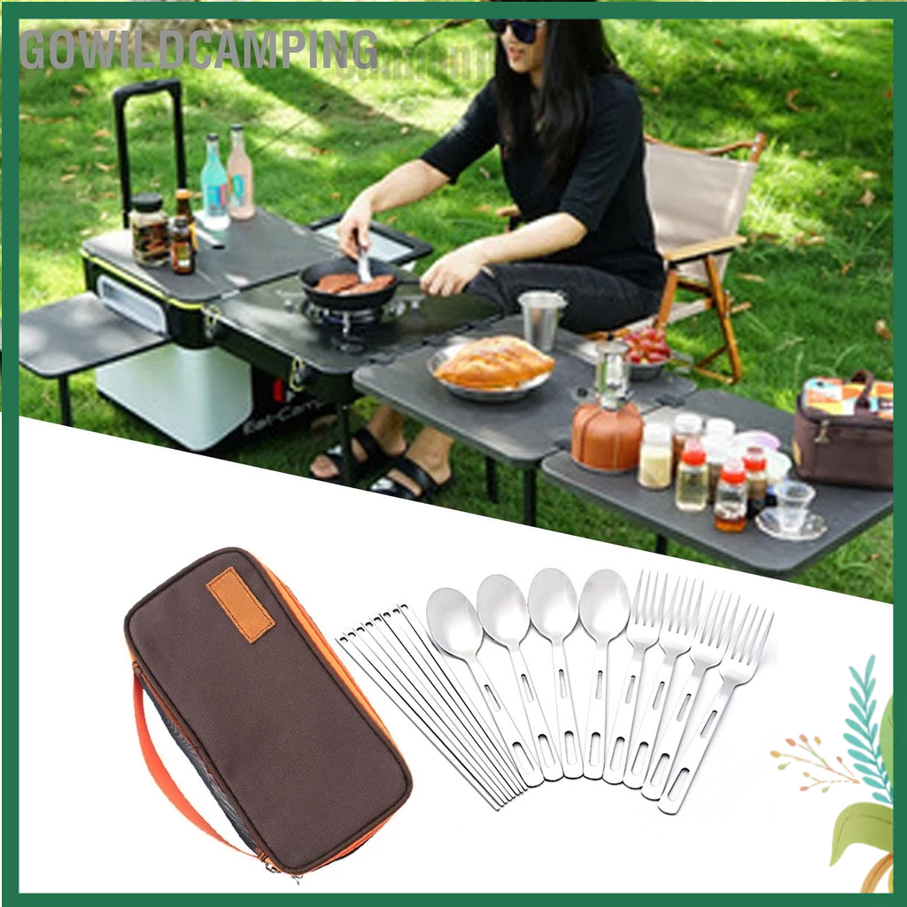 GoWildCampingBộ đồ ăn ngoài trời bằng thép không gỉ cho 4 người với di động cắm trại dã ngoại thịt nướng du lịch dao muỗng nĩa túi đựng đũa cmman