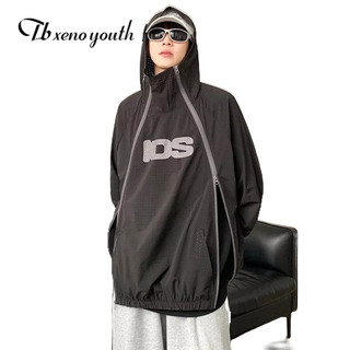 Phong cách vintage| Men's sunscreen jacket double zipper trùm đầu mỏng vài lưới thoáng khí quick-drying vải chất lượng hàng đầu