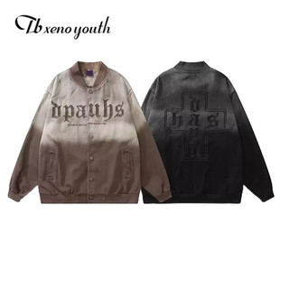  Xeno youth youth Chất Lượng Cao |Đồng phục bóng chày nam vải denim cổ điển thêu chữ gradient để làm cũ giặt rời áo khoác cặp đôi áo khoác vải chất lượng cao 